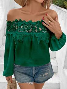 Breezaya 女士休闲纯色蕾丝拼接露肩衬衫