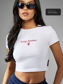 Missguided x Playboy Áo thun crop top tay ngắn in họa tiết logo cho bé Áo thun thể thao mùa hè cơ bản mặc dạo phố tập luyện thể dục thiết yếu - trắng - Xem 8