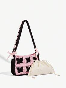 SHEIN ICON 女士、女式单肩包、流浪包、钩针包、黑粉色、蕾丝、蝴蝶结、时尚、个性化、简约、百搭、街头、甜美酷炫女孩、辣妹、Y2K、复古、铆钉、复古、青少年、海滩、度假、节日、夏季、海边、约会、日常、购物、下午茶 - 彩色 - 查看 4