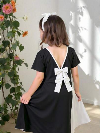 Young Girl Round Neck Short Sleeve Dress With Bow Design At Back