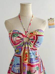 Soleia 女士度假多色海景印花露背领抽绳镂空腰波西米亚风格撞色沙滩裙，适合派对、度假、音乐节、节日约会、下午茶、海滩 - 彩色 - 查看 5