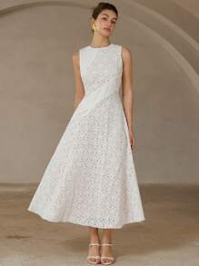 GENKIRA Robe longue élégante de haute qualité au design simple, de couleur unie, avec encolure ronde, à la taille, avec patchwork en dentelle, sans manches et à ourlet en forme de A pour femmes - Blanc - Voir 6
