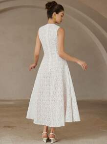 GENKIRA Robe longue élégante de haute qualité au design simple, de couleur unie, avec encolure ronde, à la taille, avec patchwork en dentelle, sans manches et à ourlet en forme de A pour femmes - Blanc - Voir 7