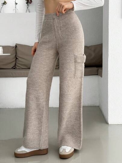 EURMUSE Women Solid Color Rib Knit Pocket Detailed Straight Sweater Pants