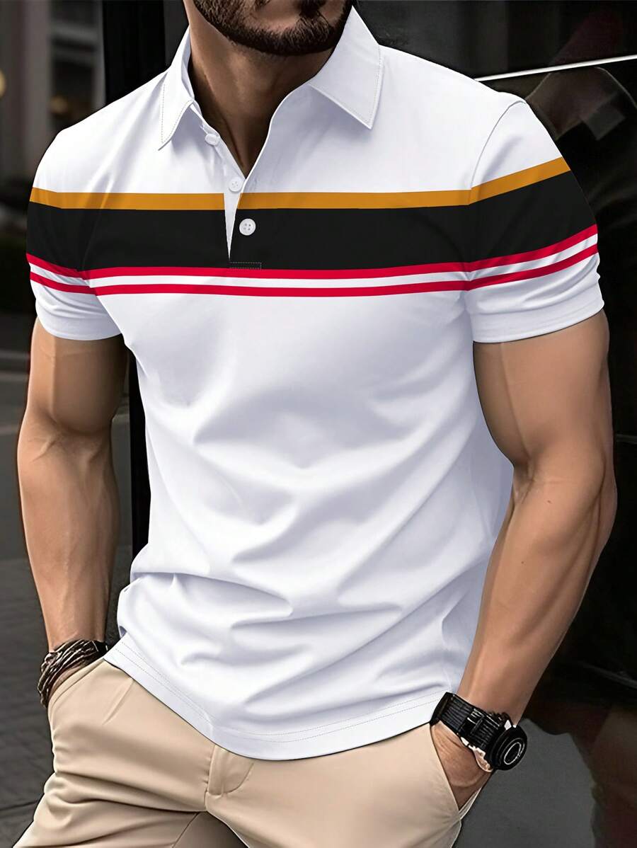 Calvornis 男士条纹短袖休闲通勤 Polo 衫 - 彩色 - 查看 1