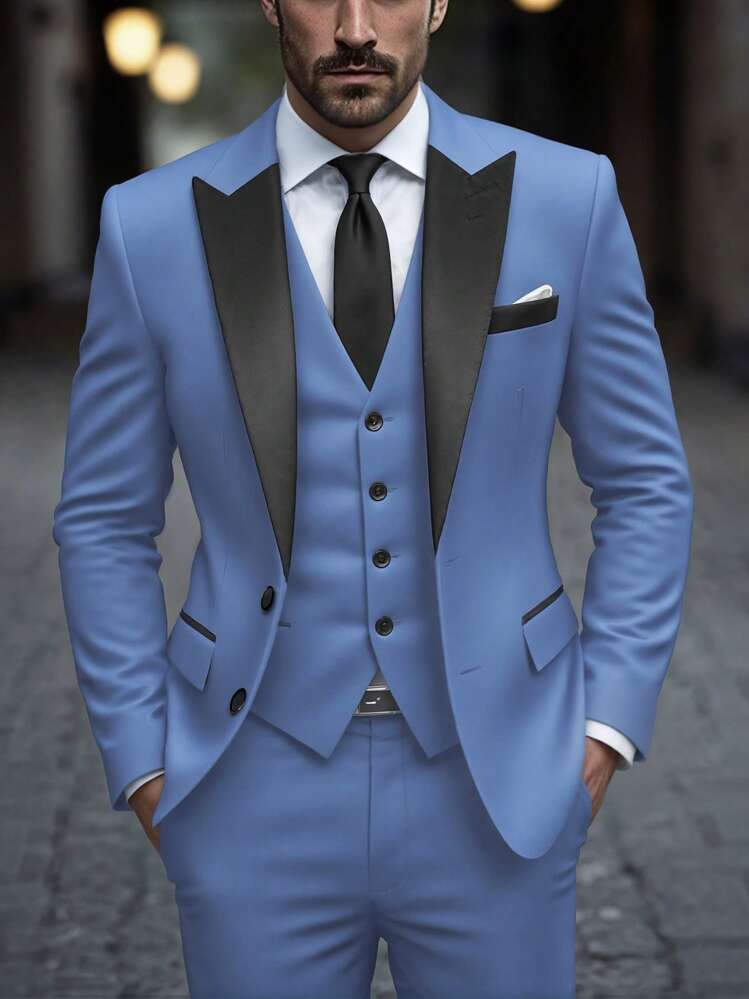 Manfinity Mode Men's Contrast Color Lapel Blazer & Trousers Formal Suit Set Wedding Suit Formal - Baby Blue - View 1