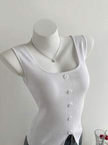 SHEIN Unity Top de punto sin mangas de color liso casual de verano - Blanco - Ver 1