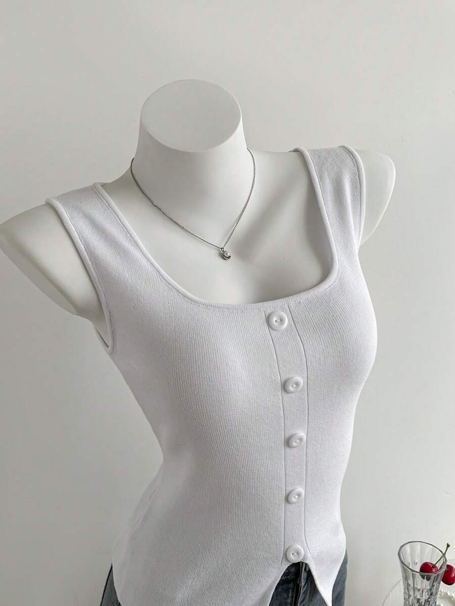 SHEIN Unity Top de punto sin mangas de color liso casual de verano - Blanco - Ver 1