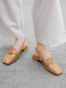 CUCCOO BIZCHIC 女士时尚链条带粗跟方头露跟浅口鞋，适合通勤、约会、派对、节日和度假 - 杏色 - 查看 5