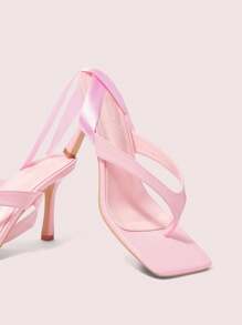 CUCCOO DOLLMOD Women's Pink PU Color Ribbon Tie Decor Square Toe Elegant High Heel Sandals - Pink - View 5