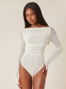 NYA SZN Body de manga larga de malla con fruncido apto para eventos, básico para uso diario, atuendos para fiestas, clubes, conciertos y festivales en otoño y verano para mujeres - Negro - Ver 4