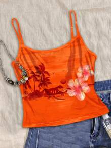 Attitoon Tropical Holiday Style Sunset Orange Island Tie Dye Background, Tropical Floral Placement Print Women Cami Vintage Style, Casual Vacation Style, Sexy Style, Cute Y2K Coconut Girl Boho Music Festival, Suitable For Summer Suitable For Going Out - Multicolor - View 9