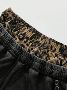 ROMWE MEN Street Life Men's Street Style Washed Leopard Patchwork Cargo Shorts With Double Waistband Design