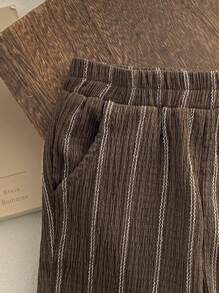 SHEIN Vintaside Kids 男婴条纹裤，百搭舒适，适合任何季节，可搭配任何款式的上衣 - 咖啡棕 - 查看 7