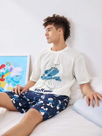 The Smurfs X SHEIN 男士夏季卡通图案短袖上衣和短裤家居服套装