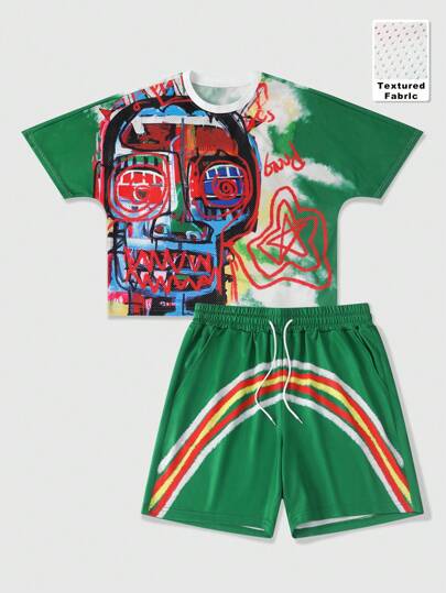 Street Life Conjunto de camiseta de manga corta con estampado de todo sobre y shorts con cordón y bolsillo para hombre