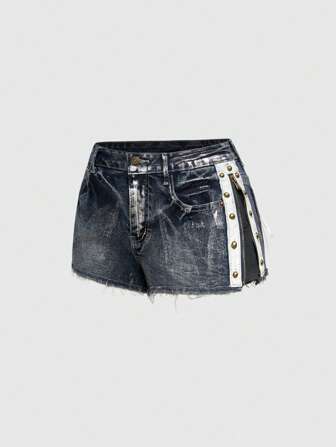 Grunge Punk Shorts di jeans mini con chiusura lampo laterale, tasche, coulisse e design vissuto stile Y2K Gyaru, colore argento slavato