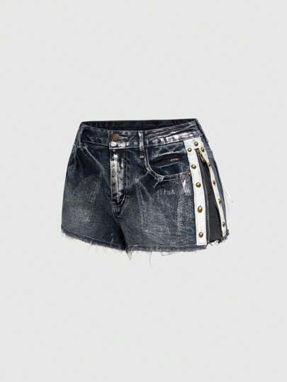 Grunge Punk Y2K Gyaru Distressed gewaschene Silberreißverschluss Seitentasche Kordelzug dekorierte Mini Denim Shorts
