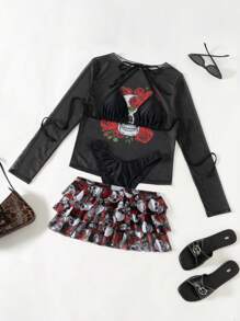Swim EVENT 2025 New Printed Gothic Skull Mesh Cover-Up & Random Flounce Double Layer Skirt & Solid Color Bikini 4 Piece Swimwear Set, Fashionable Dark Style For Women For Beach Vacation, Halloween - Multicolor - View 2