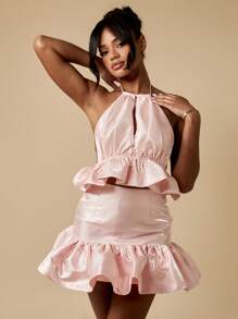 MISSGUIDED Luxurious Satin Halter Peplum Top Backless Party Club Special Occasion Summer Spring Ruffle Blouse Festival Women Cropped - Pink - View 4