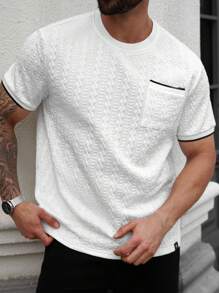 Manfinity Homme Men's Casual Short Sleeve T-Shirt, Made Of Vertical Striped Jacquard Knitted Texture Fabric, Fashion Versatile, Suitable For Daily Wear. It Is The Perfect Gift For Boyfriend Or Husband. Plus Size Men T-Shirt, Men's Casual Top, Men's Textured T-Shirt, Men's Summer Top, White Short Sleeve T-Shirt