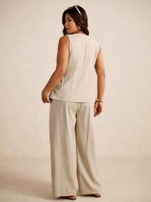 Elaquor Conjunto de 2 Peças Elegante Plus Size, Colete com Decoração Floral Metálica e Calças para Mulheres