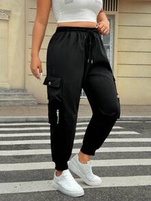 SHEIN PETITE CURVE Black Plus Flap Pocket Drawstring Cargo Pants - Black - View 4