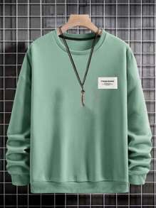 EURMUSE 100%Cotton Men Letter Graphic Drop Shoulder Sweatshirt - Green - View 3