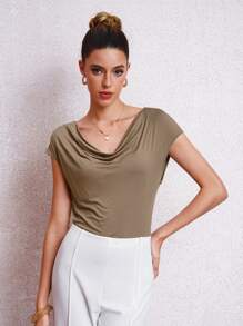 Lavishia Women's Solid Color Batwing Short Sleeve Loose Casual T-Shirt, Summer - Mocha Brown - View 6