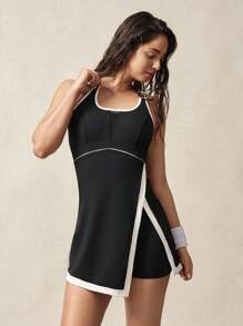 VARSIVA Women's Summer Casual Contrast Trim Slit Sports Dress And Shorts Set - Black and White - View 10