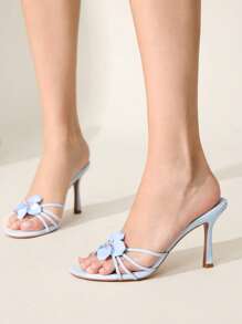 CUCCOO CHICEST Women's Elegant Floral Crystal Pointed Toe High Heel Sandals, Light Blue Faux Leather, Fashionable Heeled Slippers For Tea Parties, Dates, Formal Events, Vacations, Beach & Hawaii Style
