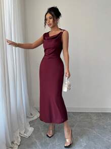 Elenzga Damen elegantes lang geschnittenes Kleid mit verdecktem Kragen, einfarbig und figurbetont