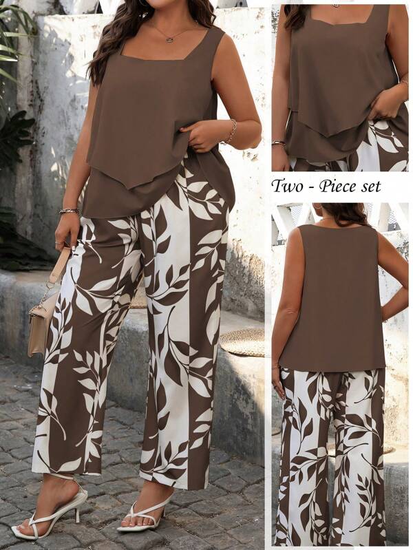 EMERY ROSE Set da 2 pezzi: top casual da vacanza con scollo quadrato e senza maniche + pantaloni stampati di moda