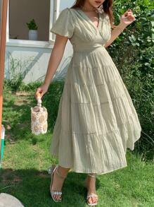 Dazy Plus Textured Fabric V-Neck Puff Sleeve Tie-Back Maxi Summer Dress Vacation Outfits Women - Mint Green - View 4