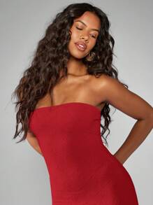 MISSGUIDED Vestido largo de encaje elástico sin tirantes tipo bandeau, vestido de noche de longitud hasta el suelo para ocasiones especiales, invitada de boda, fiesta de vacaciones, Navidad