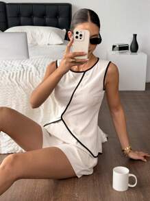 SHEIN Frenchy 2 件女式无袖撞色饰边圆领上衣和短裤套装，春夏，撞色边缘无袖上衣，不对称门襟配色块饰边，简约时尚休闲日常吊带背心套装，亚麻质地面料，优雅时尚，适合通勤 - 杏色 - 查看 4