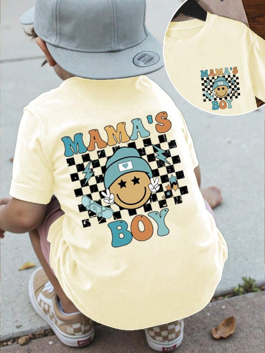 SHEIN Young Boys' Fashion Casual Checkerboard & Letter Graphic Short Sleeve Round Neck T-Shirt, Spring/Summer - Apricot - View 1