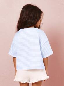 SUMWON Camiseta corta de verano casual de rayas, de manga corta, con bordado de cerezas, para niñas