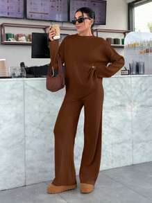 EURMUSE DROP SHOULDE LONG SLEEVE SWEATSHIRT & JOGGER PANTS SET - Brown - View 9