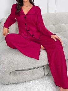 طقم بيجامة طويل مصنوع من الأكريليك بلون وردي فاتح مع طوق وتشطيب متباين للنساء، طقم بيجامة مصنوع من الأكريليك، ملابس خريفية