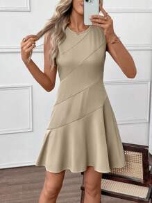 EMERY ROSE 女士纯色优雅日常收腰圆领短款连衣裙夏季连衣裙毕业礼服 - 卡其色 - 查看 3