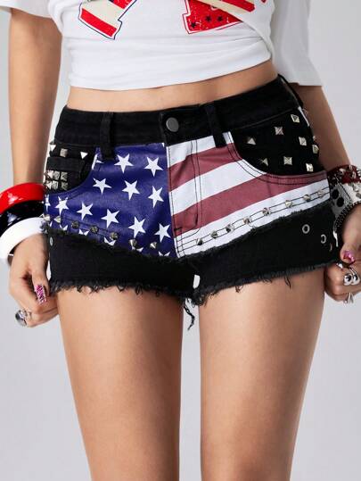 J-Fashion Damen Y2K Baddie 4. Juli Amerikanische Flagge Stern Nieten Dekor Minimal Taille Mini enge Jeans Shorts