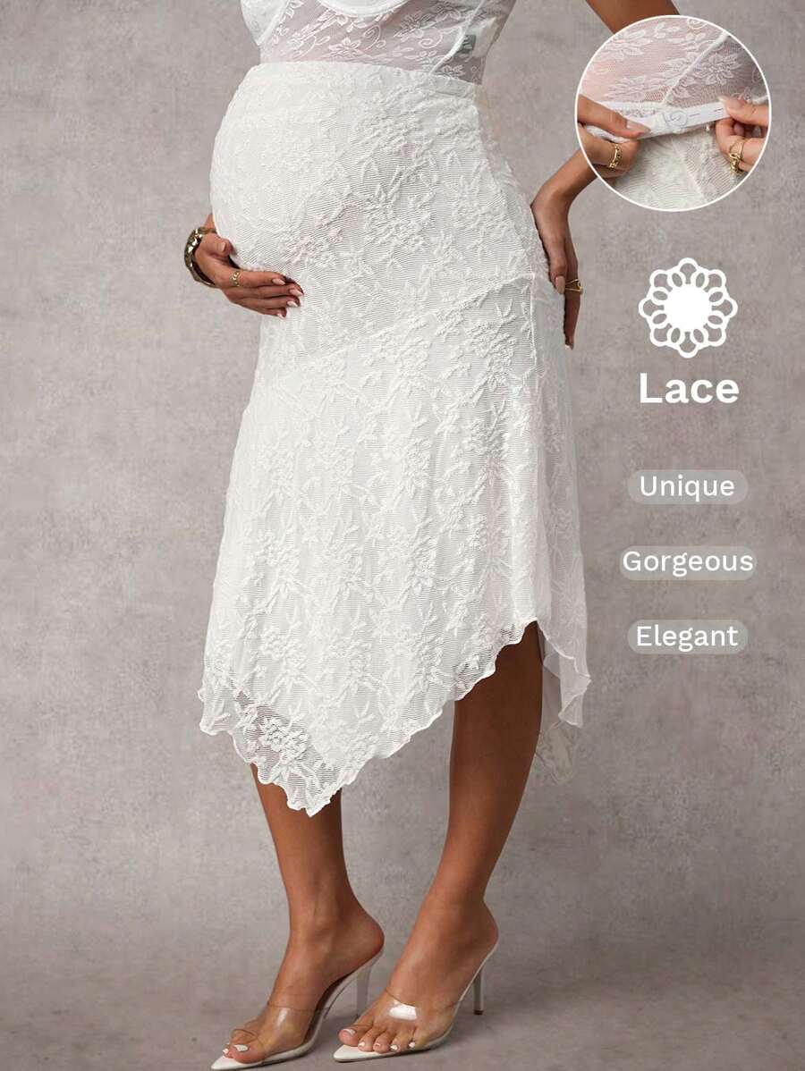 MaterniChic Falda A-line de encaje con bajo irregular, para embarazadas, de verano - Blanco - Ver 1