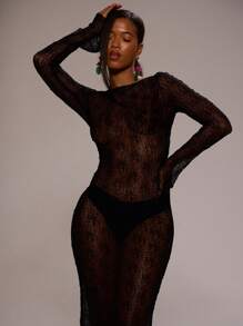 MUSERA 船领透视蕾丝修身喇叭下摆长袖连衣裙，春夏度假海滩游泳优雅可爱性感波西米亚风婚礼宾客生日伊比沙岛假日秋季婚礼宾客，优雅约会之夜，朋克派对夏季装扮 - 黑色 - 查看 2