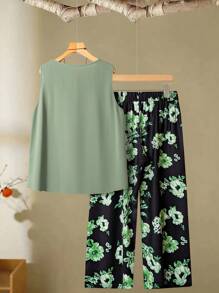 Linhara Set Kasual 2 Potong: Atasan Tanpa Lengan Leher V Warna Hijau Zaitun dan Celana Motif Bunga Vintage, Gaya Minimalis Cocok untuk Ukuran Plus, Pakaian Liburan Musim Panas - Hijau - View 2