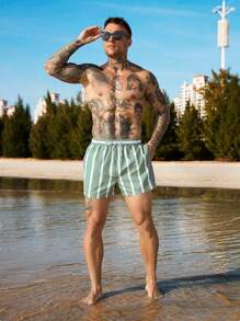 Surfspeed Men's Summer Vacation Style Striped Print Drawstring Waist Slant Pocket Beach Shorts, Hawaiian Men Beach Outfits