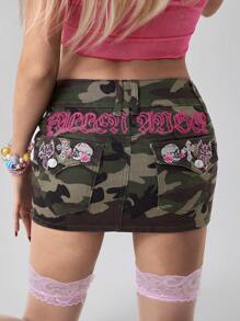 ROMWE Avant Jupe mini en jean avec broderie sexy de crâne, aile et imprimé léopard camouflage décontracté de rue
