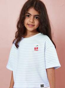 SUMWON Camiseta corta de verano casual de rayas, de manga corta, con bordado de cerezas, para niñas