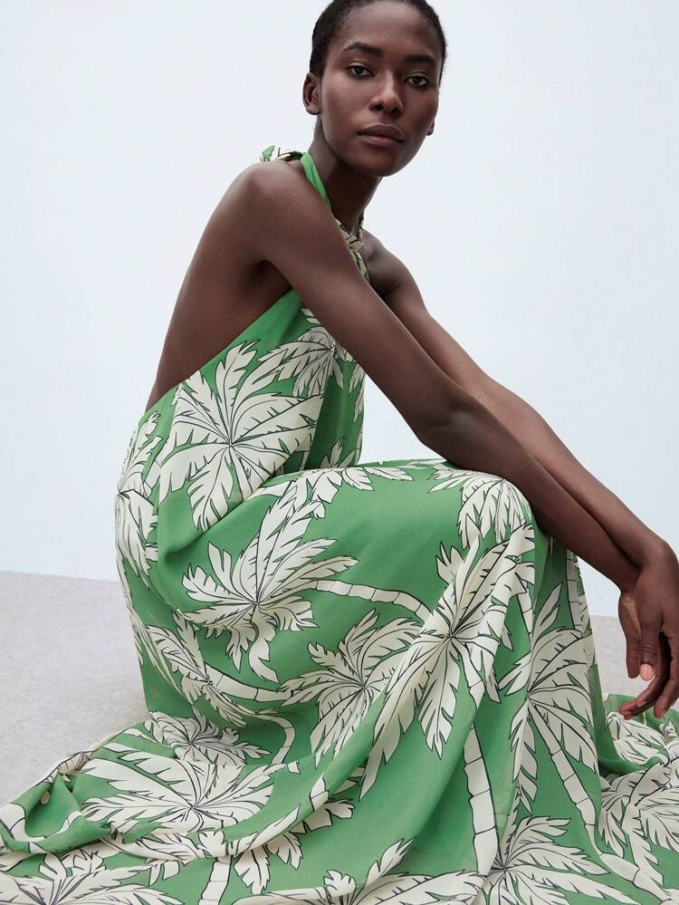 SHEIN Maija Summer 2025 New Sage Green Tropical Rainforest Palm Tree Print Halter Neck Tie Dress, Fashion Casual Chic Urban Elegant Romantic Business Casual Versatile For Office, Party, Beach, Resort, Music Festival, Wedding Guest, Brunch