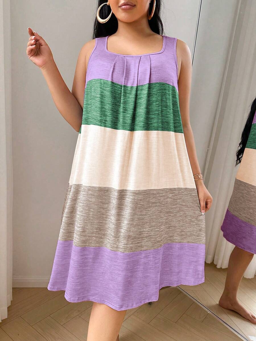 SHEIN 大码彩色条纹印花休闲睡衣，Moo Moo 睡裙